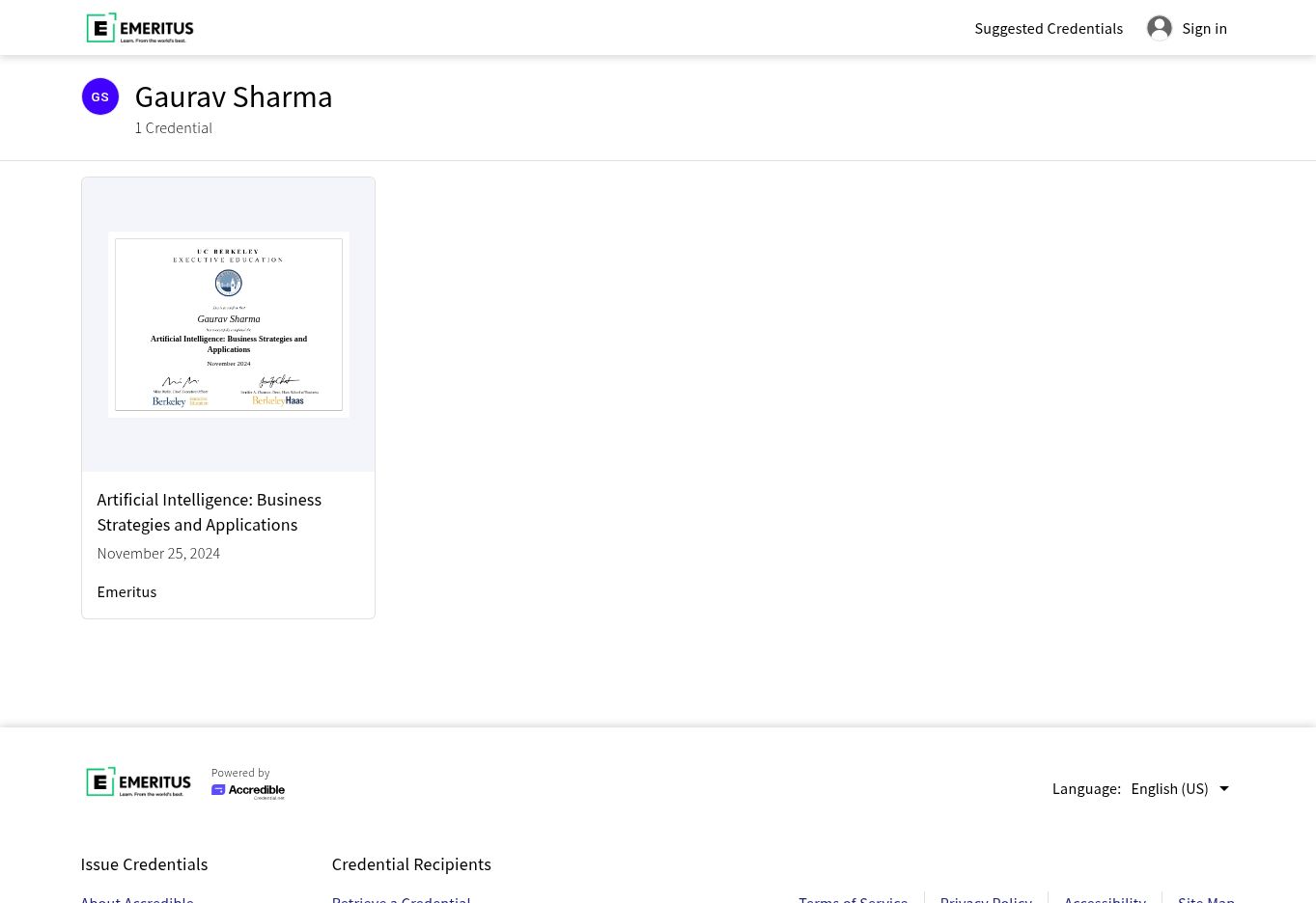Berkeley Haas AI program certificate issued to Gaurav Sharma